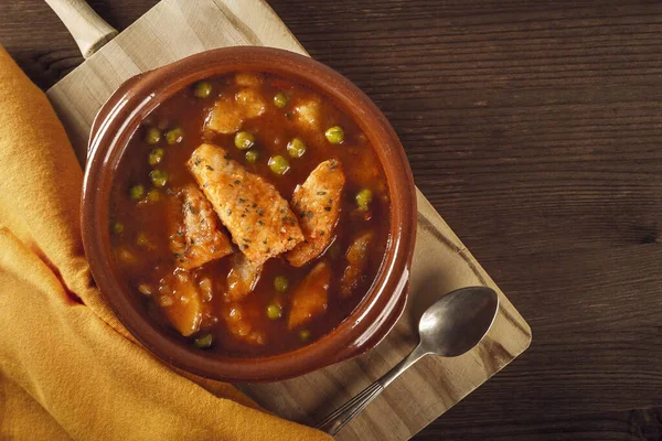 Top View Clay Pot Delicious Fish Stew Peas Cooked Potatoes — Stock Photo, Image