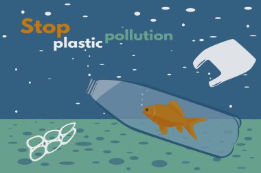 Kirlenmiş denizin dibindeki plastik şişenin içinde Plastik Kirliliği Durdurun yazısıyla bir balık tasviri