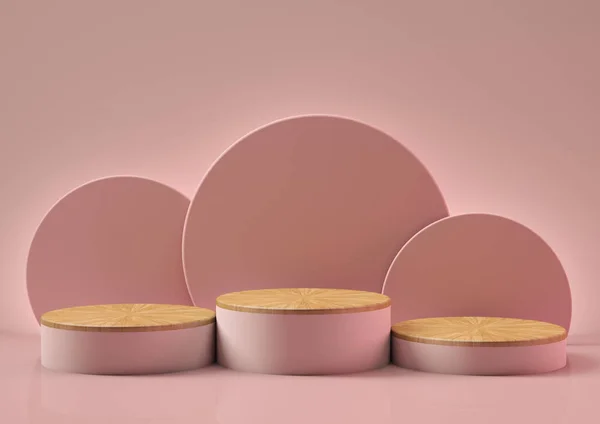 Pembe arka planda ahşap tabanlı 3 boyutlu üç adet pembe podyum seti. Metin, resim veya ürün için boşluk.