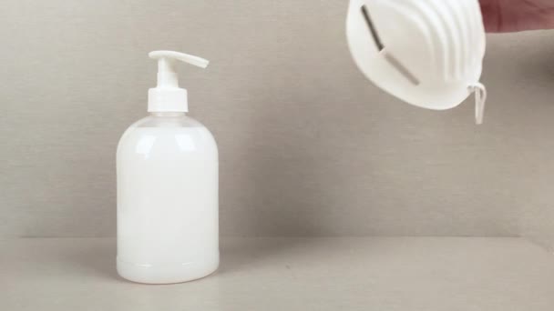 Person Putting Mask Next Hand Soap Avoid Being Infected Disease — Stock Video