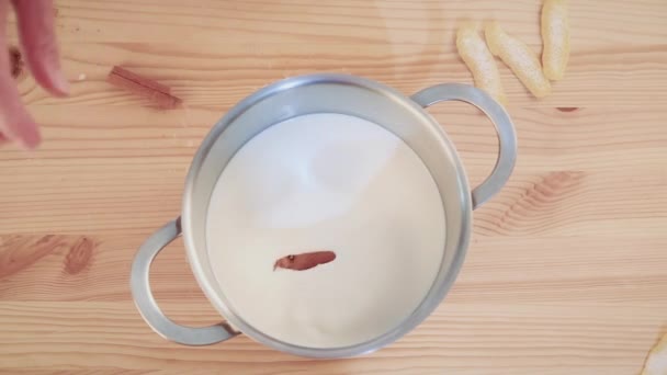 Draufsicht Auf Einen Topf Mit Milch Eine Menschliche Hand Zimtstange — Stockvideo