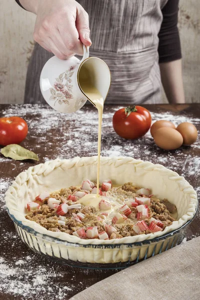 Woman Pouring Cream Tuna Crab Sticks Raw Dough Cook Healthy — Stock Photo, Image