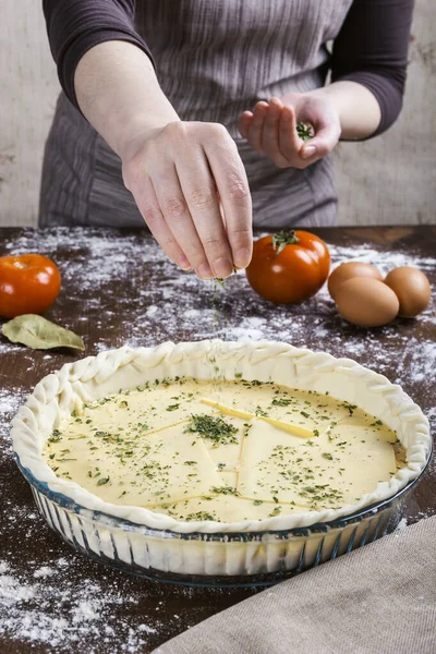 Woman Scattering Chopped Parsley Ingredients Raw Dough Cook Healthy Recipe — Stock Photo, Image