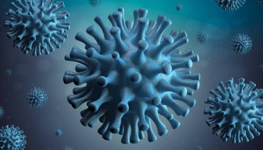Mavi arka planda Coronavirus Covid-19 veya Ncov-2019. Virüsün mikroskobik görüntüsü salgına neden oldu. Çin 'in patojenik solunum virüsü. 3d resimleme.