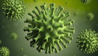 Yeşil arka planda Coronavirus Covid-19 veya Ncov-2019. Virüsün mikroskobik görüntüsü salgına neden oldu. Çin 'in patojenik solunum virüsü. 3d resimleme.