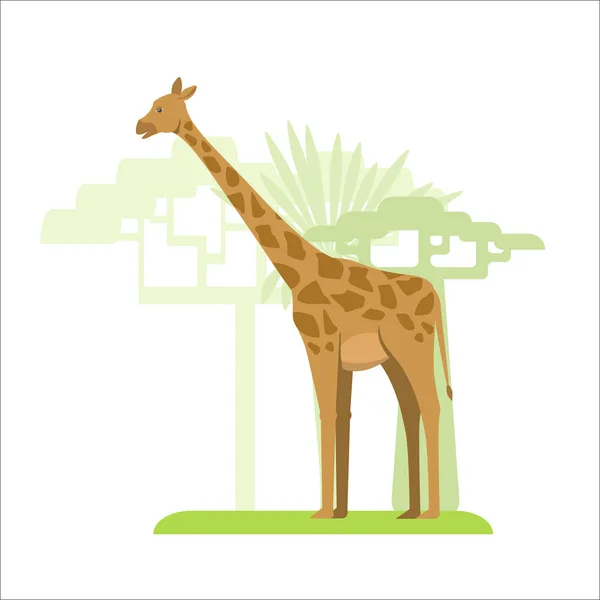 Image Flat Style Cartoon Giraffe Grass Background Grow Trees — Stock Vector