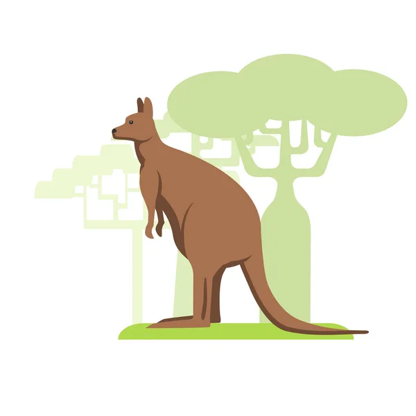 Αυστραλιανό Καγκουρό Επίπεδη Εικόνα Άσπρο Φόντο Σιλουέτες Των Δέντρων — Διανυσματικό Αρχείο