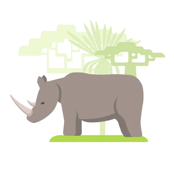 Image Flat Style Rhinoceros Cartoon Grass Background Grow Trees — Stock Vector