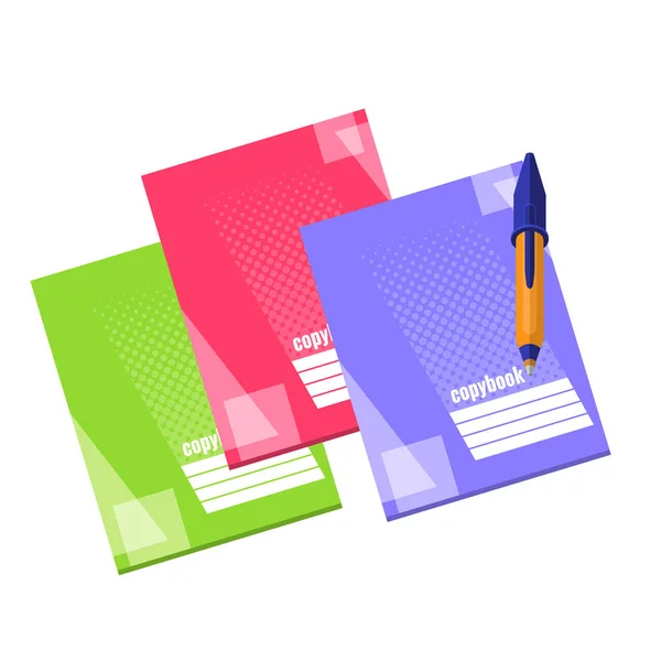 Copybooks Escolares Tres Colores Pluma Sobre Fondo Blanco Set Para — Vector de stock