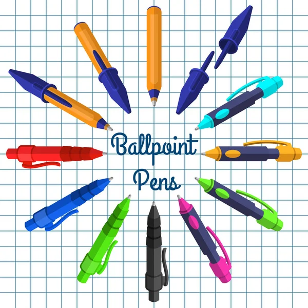 Een Set Balpennen Pennen Voor Schoolkinderen Een Laptop Vel Staan — Stockvector