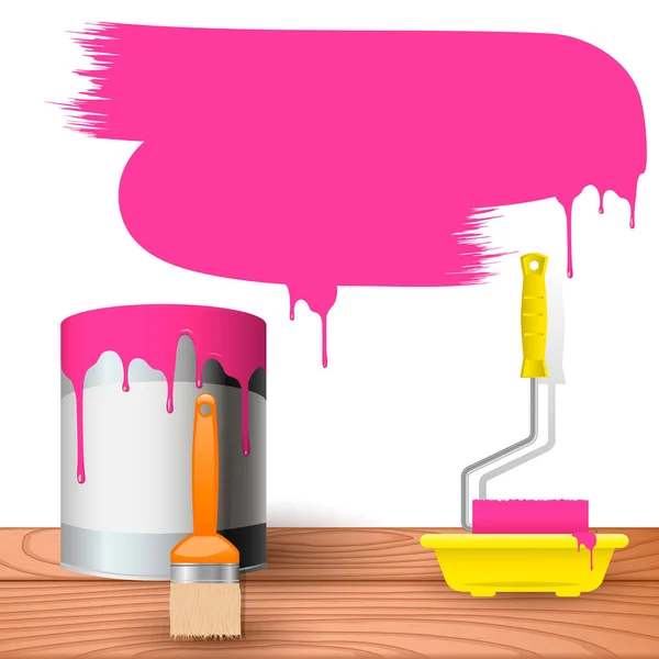 ブラシとローラーの横の板の床に立っている錫ピンク塗料容器 — ストックベクタ