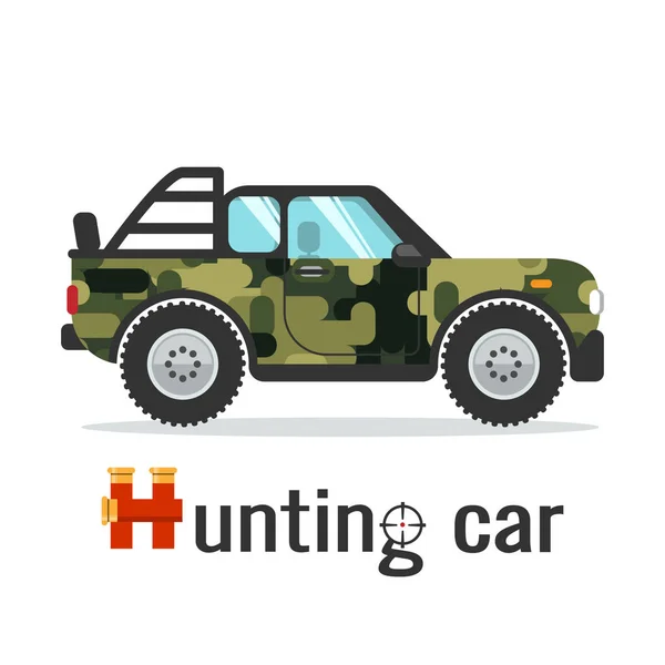 Hunting Car Large Wheels Painted Camouflage — Stock Vector