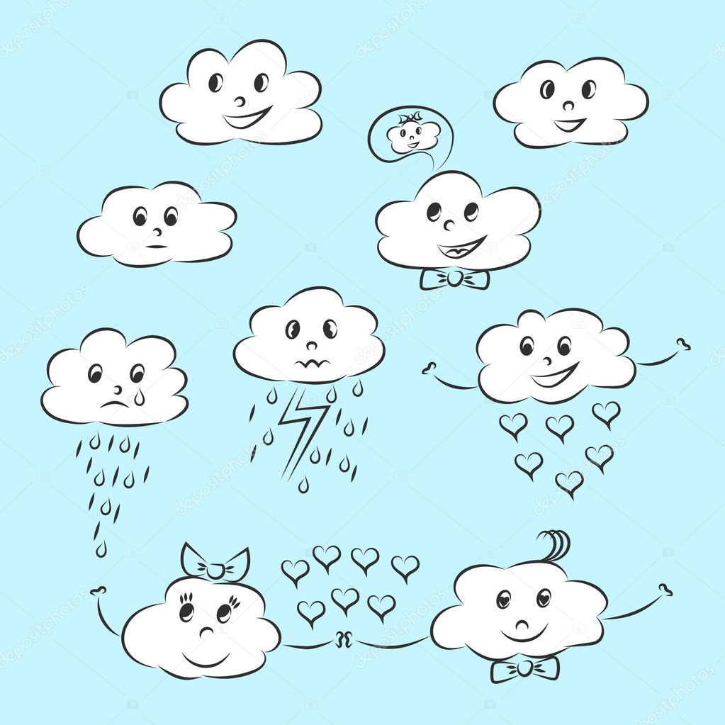 Cartoon clouds with different emotions, emoticons in the form of clouds, happiness and love, hatred and resentment