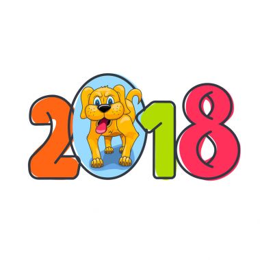 Sarı bir köpek rakamlarını yeni yıl 2018, düz soyut style, beyaz arka plan üzerinde yazıt