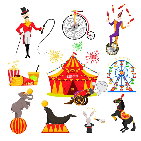 Set Immagini Tema Circense Spettacoli Circensi Animali Addestrati Allenatore Clown — Vettoriale Stock