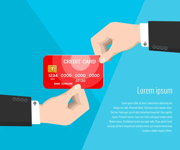 红色信用卡在银行职员的手在蓝色背景 在银行分支接收信用卡 — 图库矢量图片