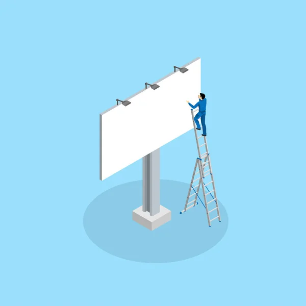 Εργαζόμενος Διαφήμιση Κόλλες Billboard Στέκεται Πάνω Από Σκάλα Τοποθέτησης — Διανυσματικό Αρχείο