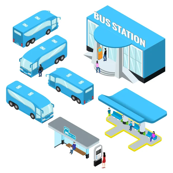 Bus Station Isometrics Bussen Een Platform Voor Het Aan Boord — Stockvector