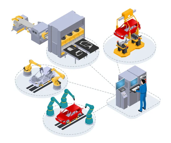 Automated Production Line Control Computer Assemble Cars Isometric Image White — Stock Vector