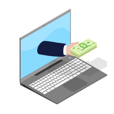 mali yardım, izometrik stil içinde belgili tanımlık laptop Internet'te kişi verir