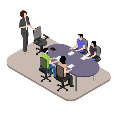 Ofiste toplantı, çalışma anlar, izometrik görüntü görüşmek üzere toplantı odasında bir toplantı için yaratıcı genç kişi toplandı