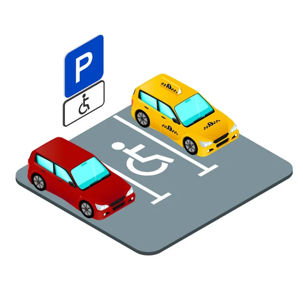 Parcheggio Invalido Marcatura Cartello Stradale Auto Nel Parcheggio Immagine Isomtrict — Vettoriale Stock