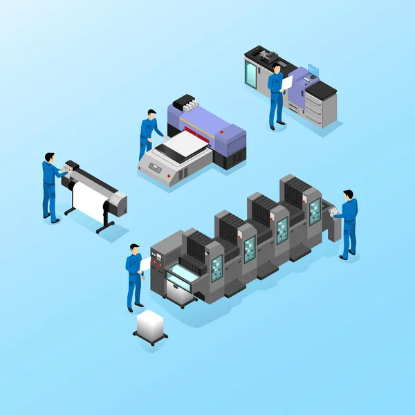 広告の分野 オフセットと同様デジタル インク ジェットおよび紫外線印刷での印刷の様々 なタイプのプロ仕様の機器労働者生産のマシンをサービスします — ストックベクタ