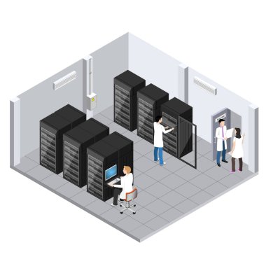 Sunucu Oda izometrik görüntü, bilgi depolama ve işleme Oda, teknik personel hizmet veren sunucu donanımları