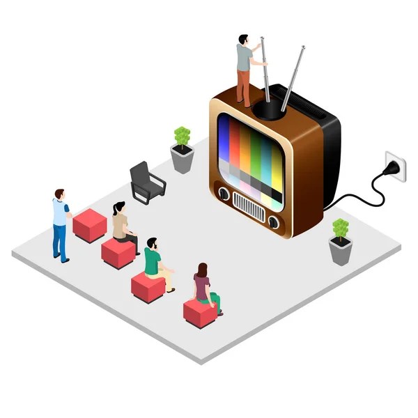 Люди Смотрят Телевизор Устанавливают Ретро Телевизор Аналоговую Антенну — стоковый вектор