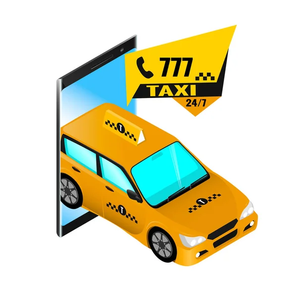 Taxi Ordine Telefono Smartphone Auto Stile Isometrico — Vettoriale Stock