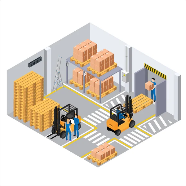 Διαδικασία Εργασίας Στην Αποθήκη Φορτωτές Και Παλέτες Κουτιά Εργαζόμενοι Ασκούν — Διανυσματικό Αρχείο