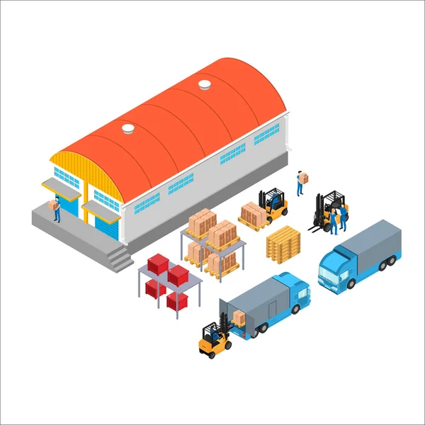 一组等距图标 货物运输和箱装装载机 — 图库矢量图片