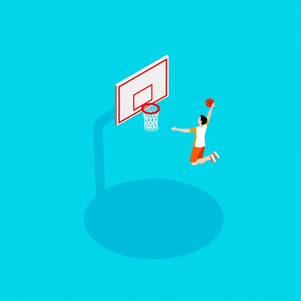 篮球和街头在等距式 球员运动员投掷球入篮球圆环 — 图库矢量图片