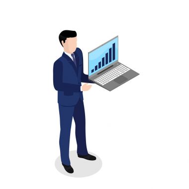 iş elbiseli adam bir dizüstü bilgisayar ekranında bir iş büyüme planı gösterir.