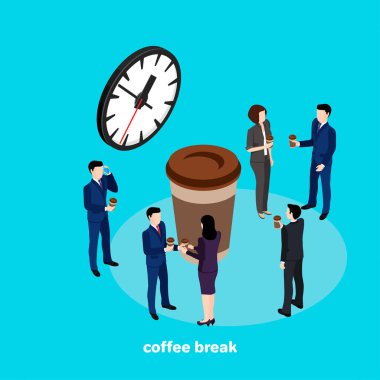 Kahve molası, iş adamları iş ofiste, izometrik resim arasındaki aralığı içinde kahve içmek