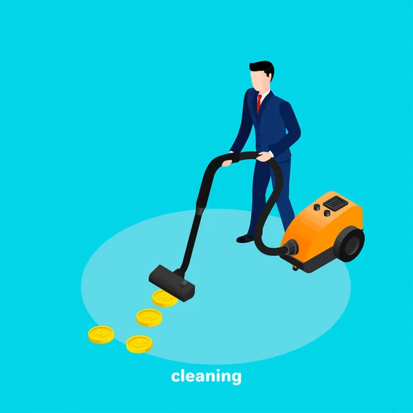 Pria Dalam Setelan Bisnis Dengan Vacuum Cleaner Gambar Isometric - Stok Vektor