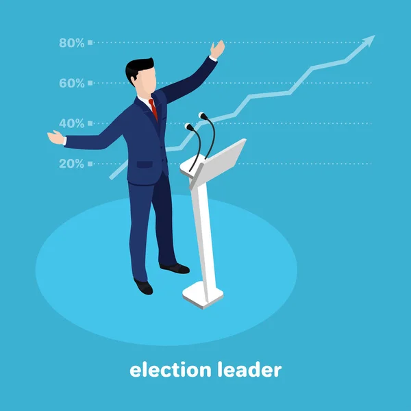 Politiek Leider Tribune Voornaamste Kandidaat Bij Verkiezingen Een Blauwe Achtergrond — Stockvector