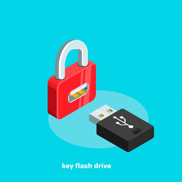 Κόκκινο Κλειδαριά Και Κλειδί Flash Drive Ισομετρική Εικόνας — Διανυσματικό Αρχείο