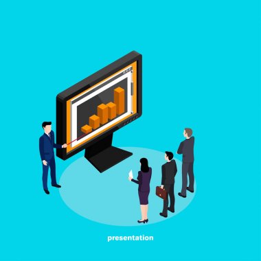 iş takım elbiseli bir adam ekranın standları ve iş, izometrik tarzı bir görüntü için eğitim materyalleri sunar