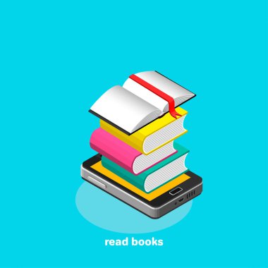 bir smartphone, görüntü bir izometrik görünümünde elektronik kitap okumak