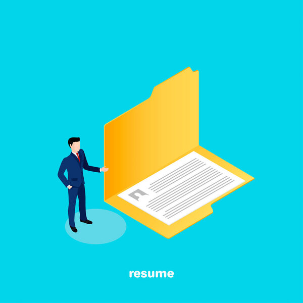 a man in a business suit presents his resume in an open folder, an isometric image