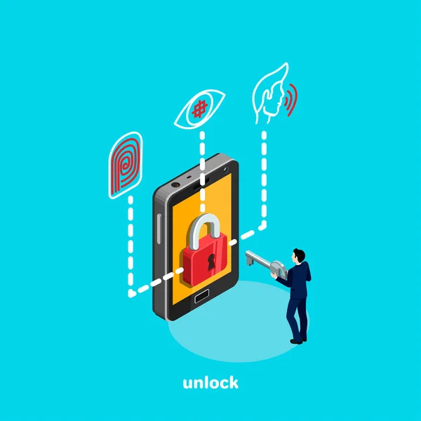 Odblokować Smartphone Tożsamości Systemu Człowiek Garniturze Kluczem Jego Ręce Izometryczny — Wektor stockowy