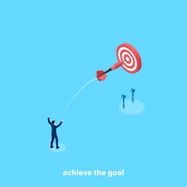 iş takım elbiseli bir adam ile bir ok hedefe, izometrik görüntüyü yönelik