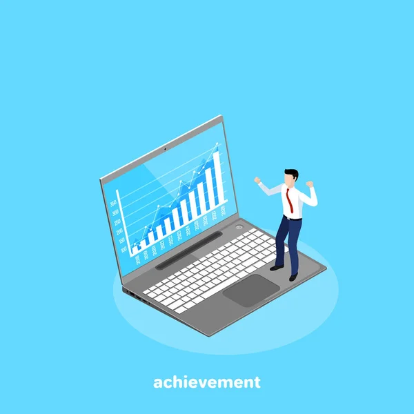 Male Businessman Rejoices His Achievements Form Rising Graph Monitor Isometric — Stock Vector