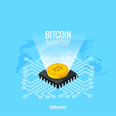 bitcoin yonga üzerinde yatıyor ve parlaklık, izometrik görüntüyü yayar