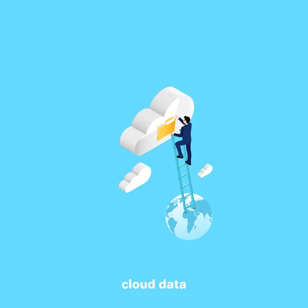 Man Business Suit Climbed Stairs Data Cloud Isometric Image — Stock Vector