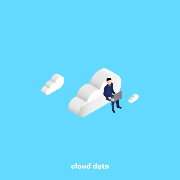 Man Business Suit Laptop Sitting Cloud Isometric Image — Stock Vector