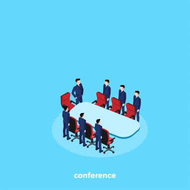 iş takım elbiseli stand Konferansı masa, izometrik görüntü etrafında erkeklerde