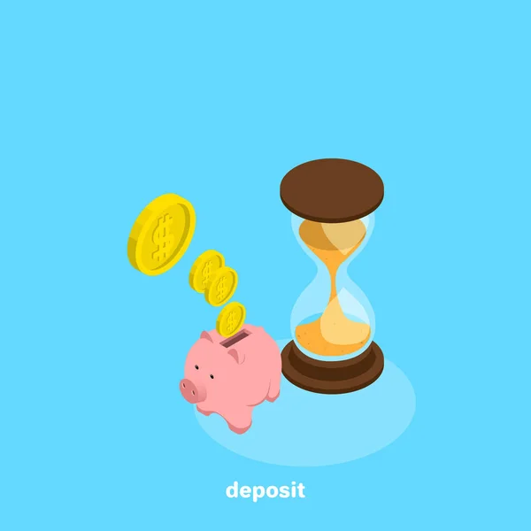 Coins Falling Piggy Bank Hourglass Isometric Image — Stock Vector