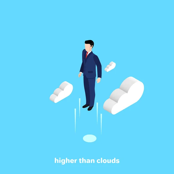 Hombre Traje Negocios Elevó Por Encima Las Nubes Imagen Isométrica — Vector de stock